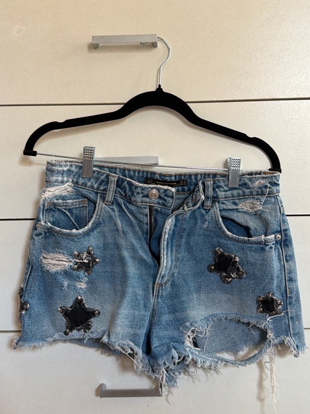 Zara Blue Distressed Denim Shorts with Star Stud Accents